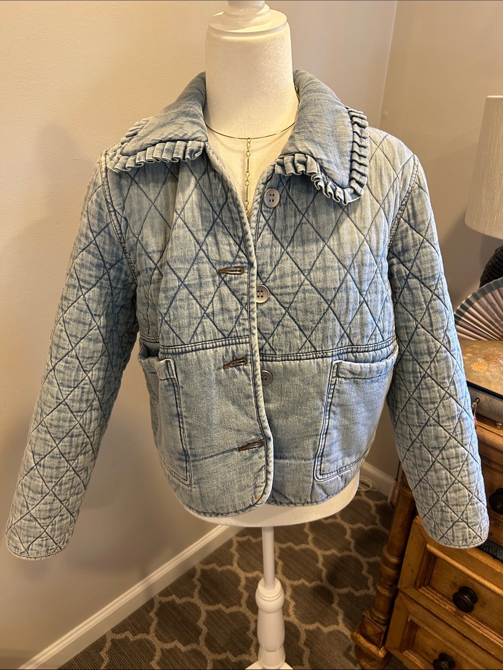 Blank NYC Light Wash Quilted Denim Jacket with Ruffle Collar